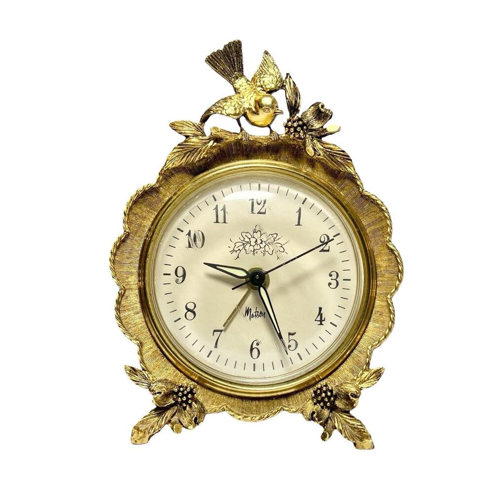 1960s Matson Ormolu Gold “Dogwood Flower & Bird” Electric Desk Clock 5.75” Works